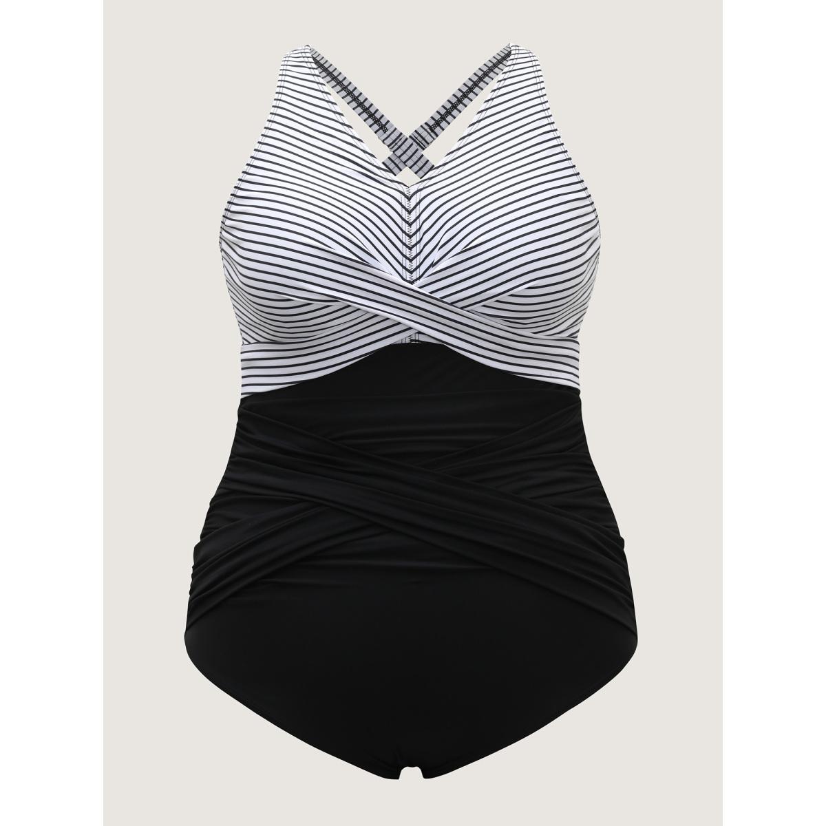Plus Size Stripe Color Block Ruched One-Piece Swimsuit Women's Swimwear Black Beach Twist Curve Bathing Suits High stretch One Pieces BloomChic 14-16/1X Product Image