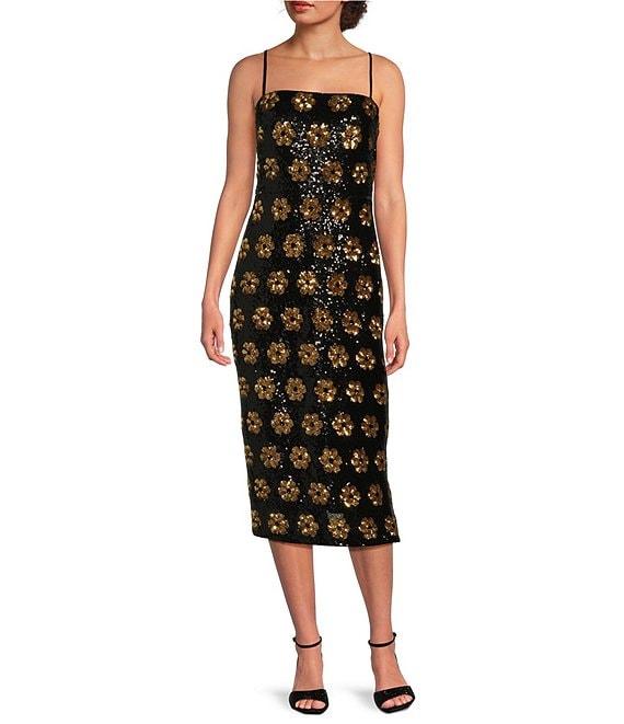 Alex Marie Celine Floral Sequin Square Neck Spaghetti Strap Sheath Midi Dress Product Image