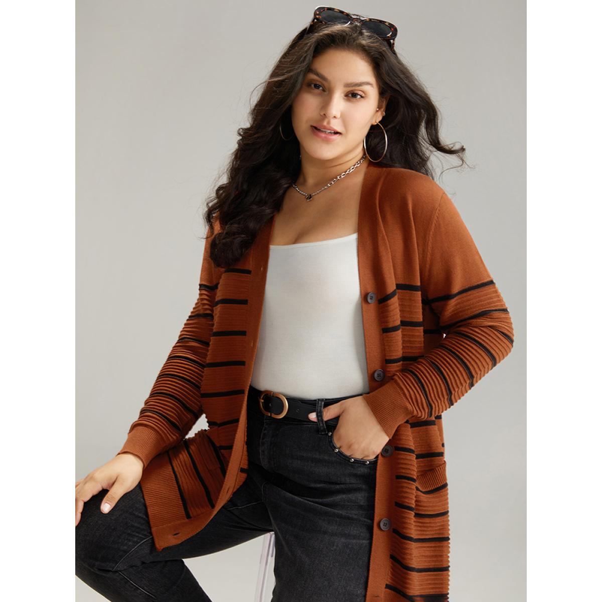 Plus Size Striped Button Down Patched Pocket Cardigan Rust Women Casual Loose Long Sleeve Everyday Cardigans BloomChic 10/M Product Image