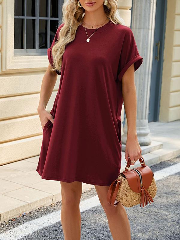 Raglan Sleeve Solid Color Split-Joint Round-Neck Mini Dresses Product Image