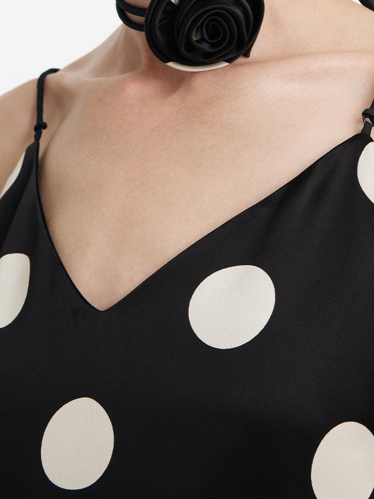 Acetate Polka Dots Print Spaghetti Strap Women Midi Dress With Rose Be Product Image