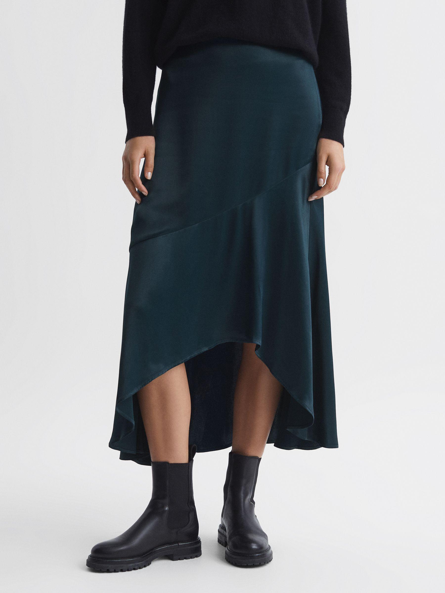 Satin High Rise Midi Skirt in Teal Product Image
