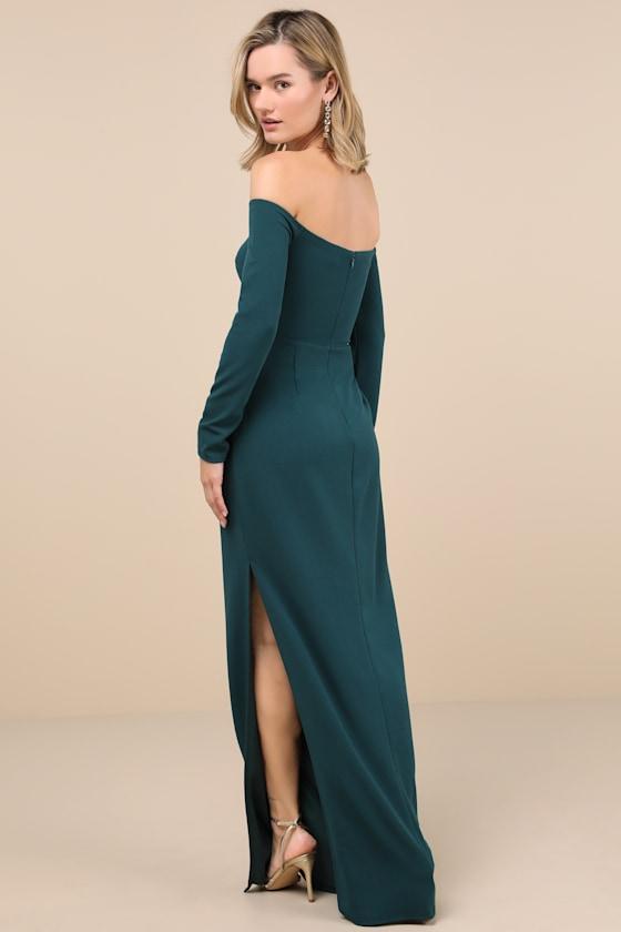 Stunning Excellence Emerald Off-the-Shoulder Maxi Dress Product Image