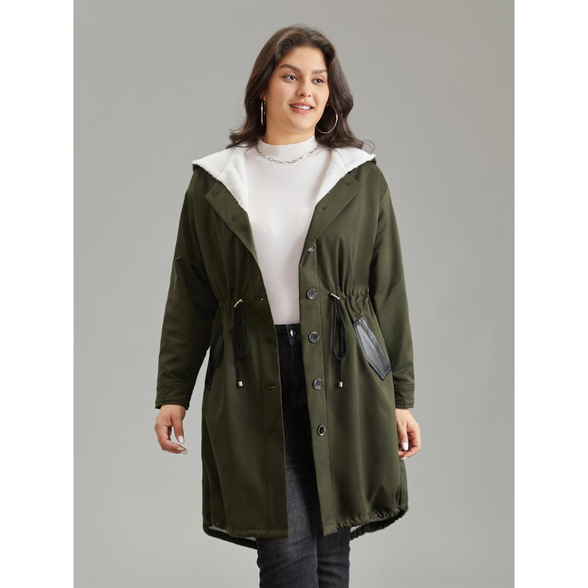Plus Size Patchwork Fuzzy PU Leather Drawstring Coat Women ArmyGreen Casual Contrast Ladies Dailywear Winter Coats BloomChic 22-24/3X Product Image