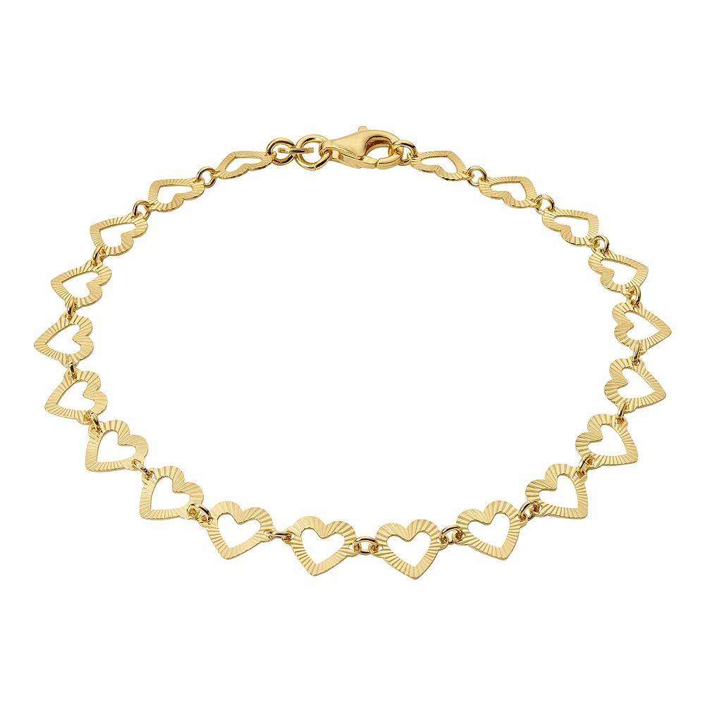 Primavera Gold Over Sterling Silver Textured Heart Linked Chain Bracelet, Womens Gold Tone Product Image