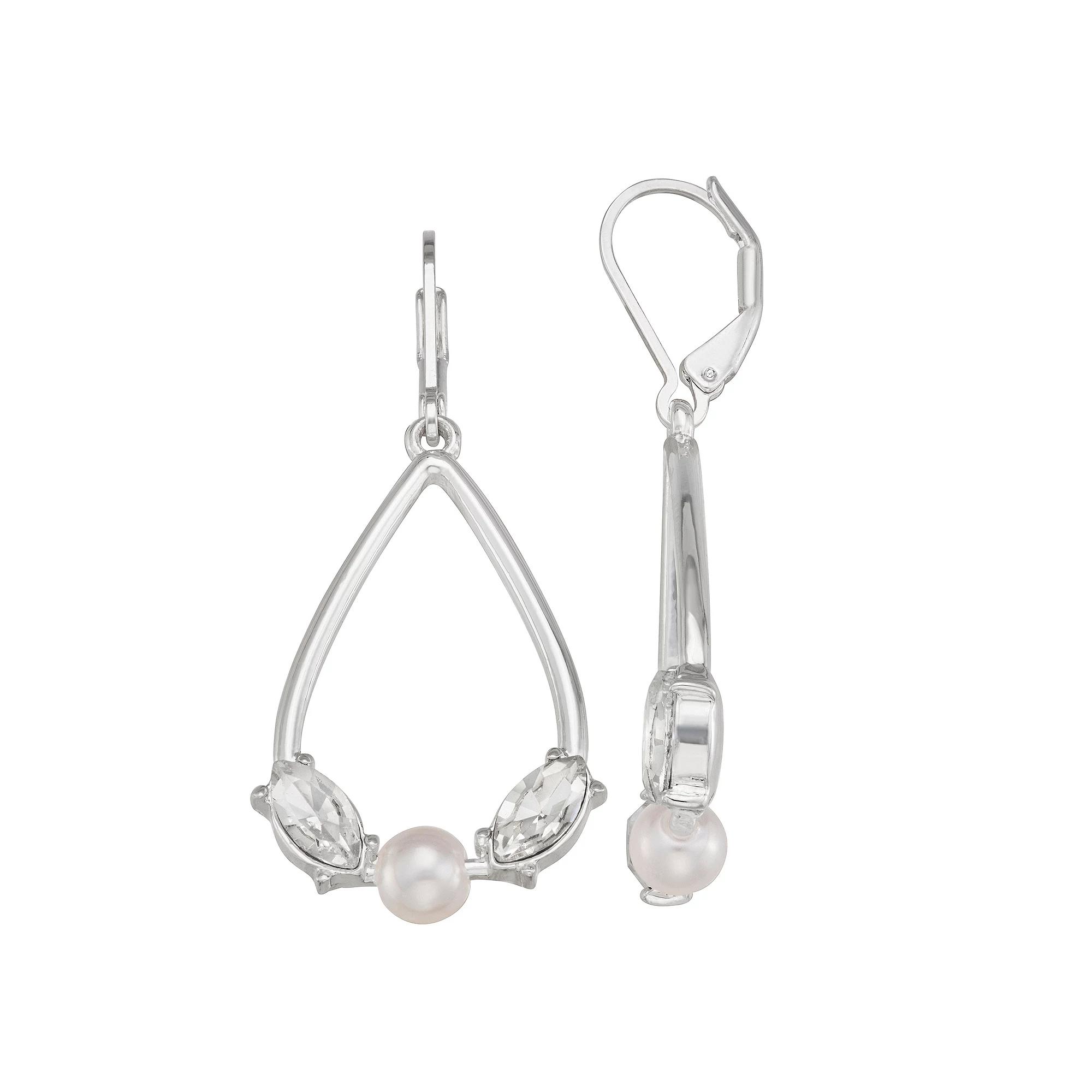 You're Invited Silver Tone Simulated Pearl & Crystal Oval Drop Earrings, Women's, White Product Image