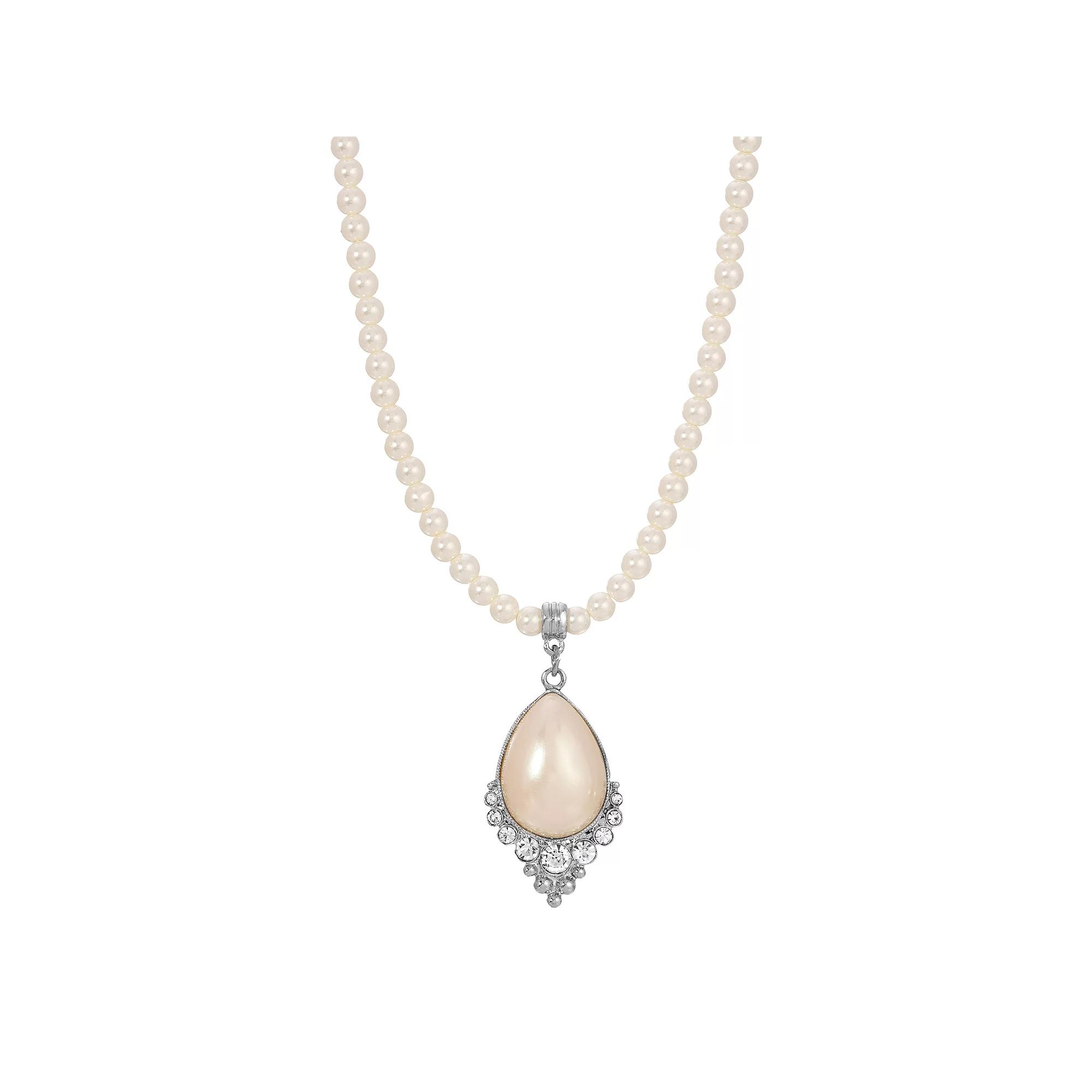 1928 Silver Tone Simulated Crystal and Pearl Teardrop Necklace, Women's, White Product Image
