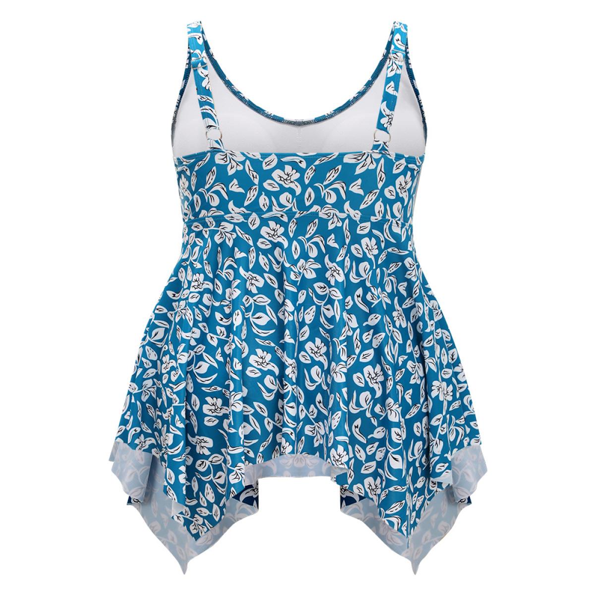 Plus Size Plant Print Asymmetrical Hem Adjustable Straps Tankini Top Women's Swimwear Cerulean Vacation Adjustable Straps High stretch Bodycon V-neck Curve Swim Tops BloomChic 10/M Product Image