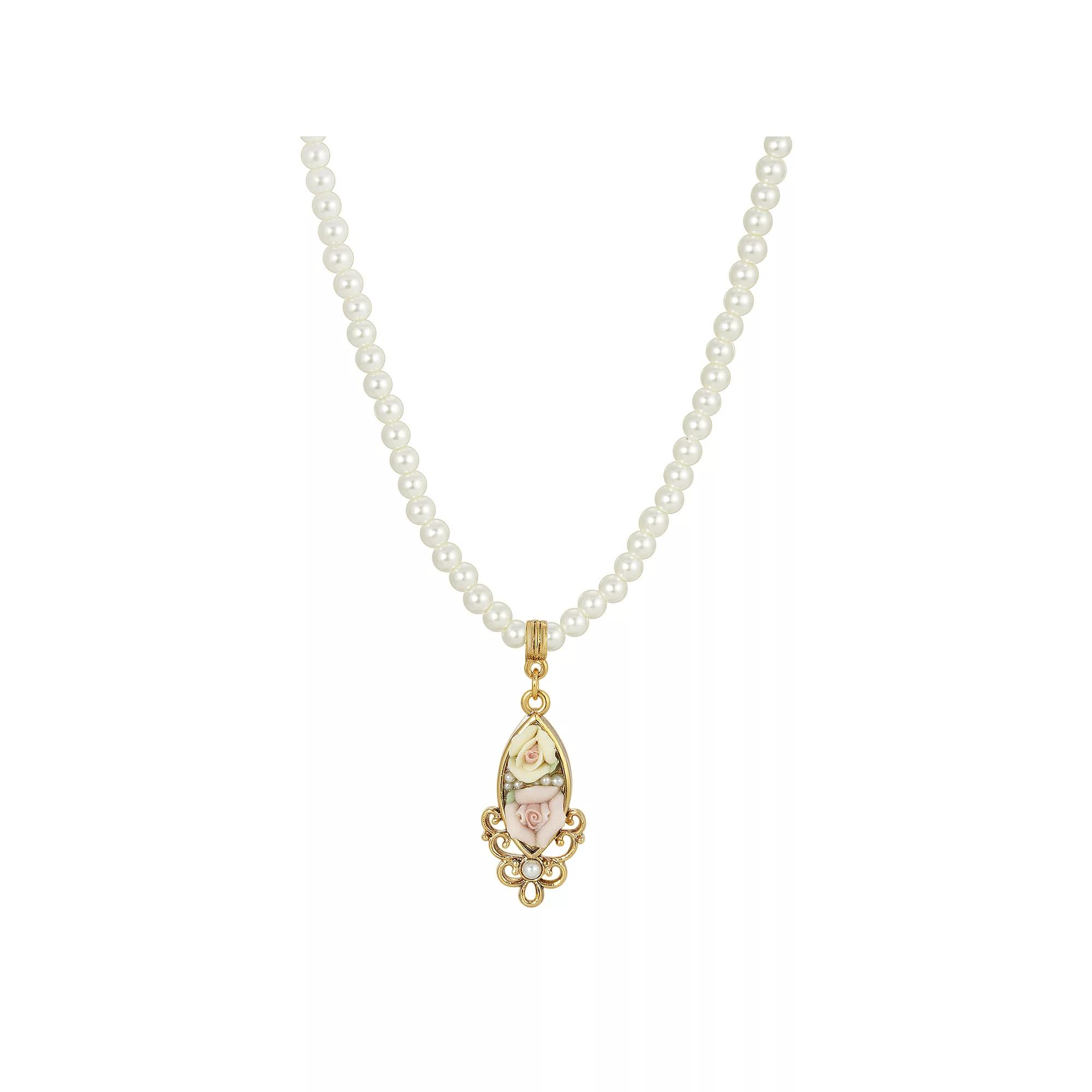 1928 Gold Tone & Simulated Pearl Porcelain Rose Pendant Necklace, Womens, White Product Image