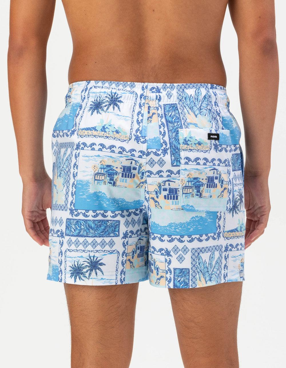 RSQ Mens Vacation Scene Swim Shorts - BLUE/WHITE Product Image