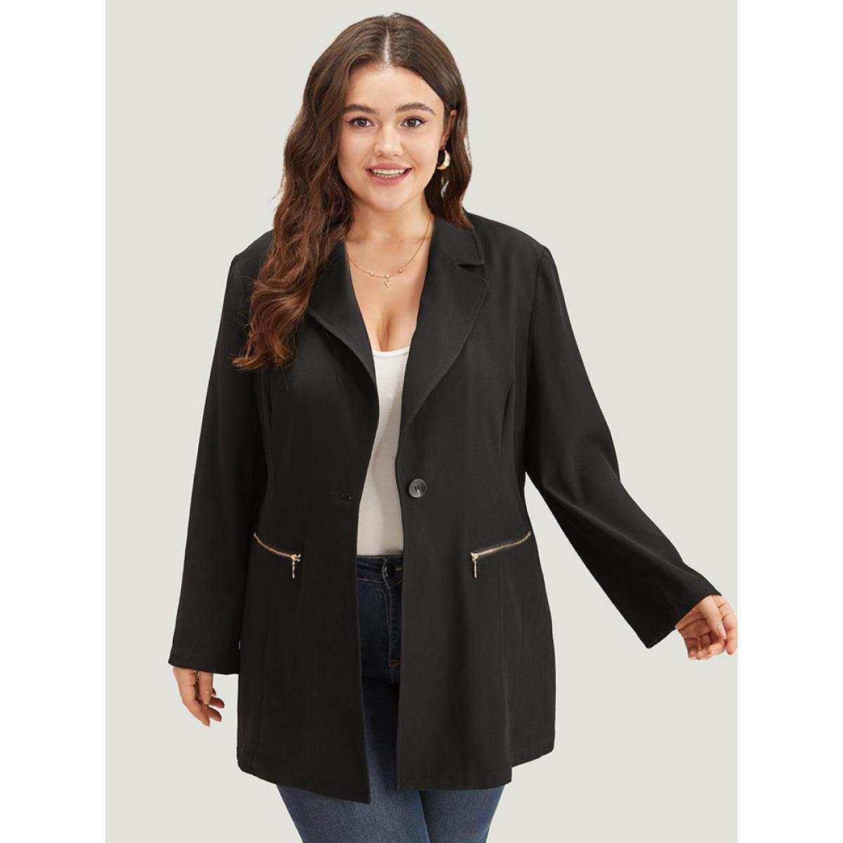 Plus Size Lapel Collar Zipper Button Up Blazer Black Women Office Plain Plain Sleeve Long Sleeve Lapel Collar 14-16/1X Pocket Office Blazers BloomChic Product Image