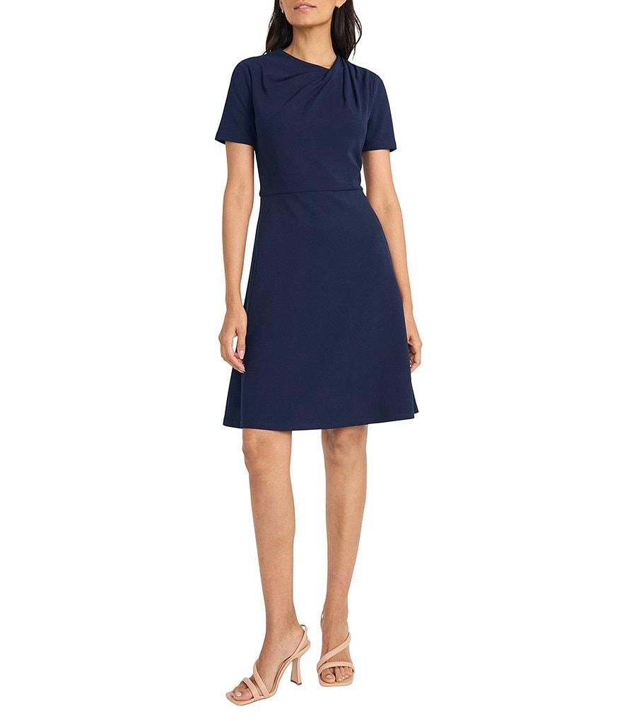 Maggy London Scuba Crepe Asymmetrical Crew Neck Short Sleeve A-Line Mini Dress Product Image