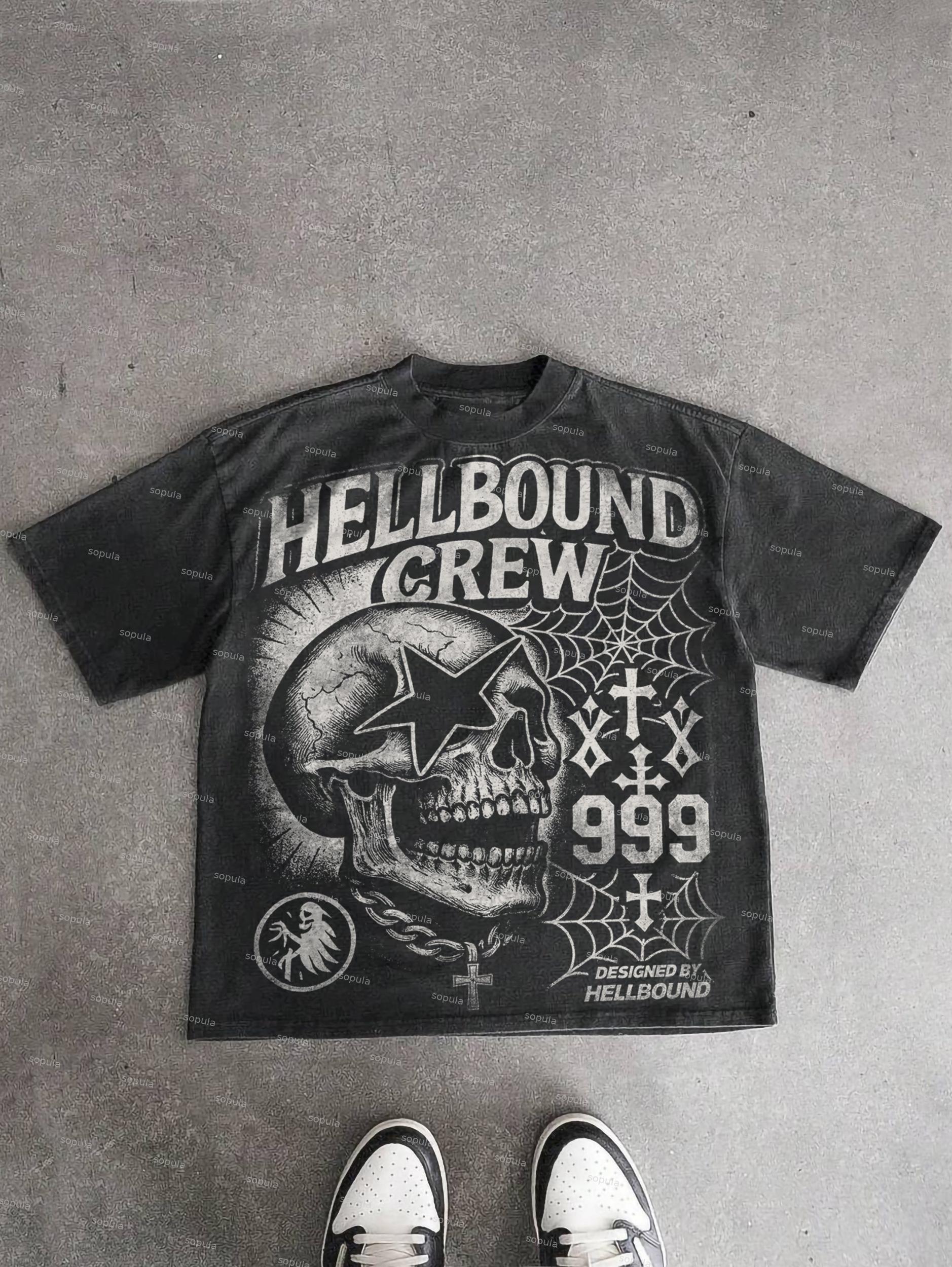 Hellbound Crew Vintage Skull Graphic Acid Wash T-shirt Product Image