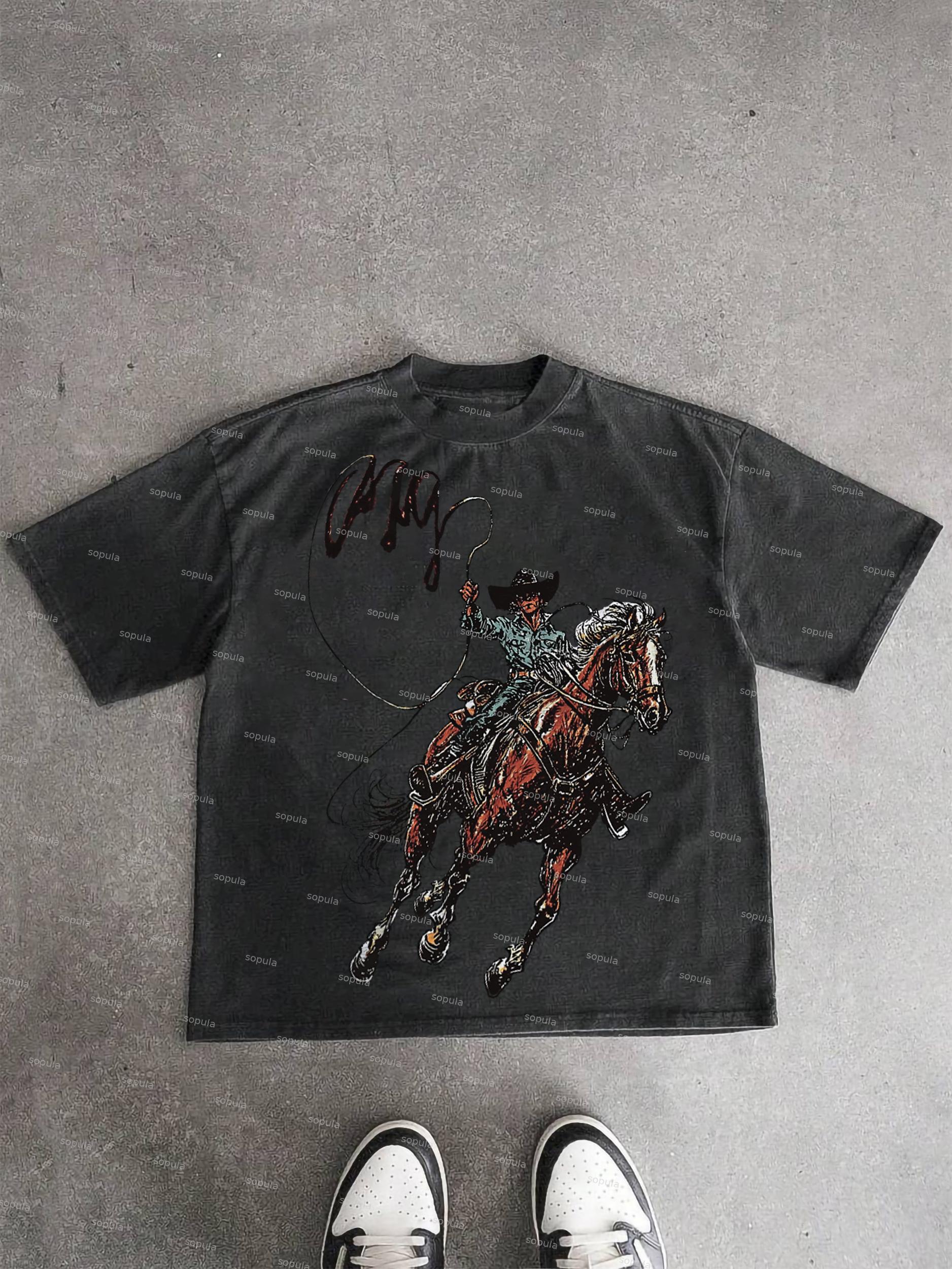 Men's Vintage Western Cowboy Graphic Acid Wash T-shirt Product Image