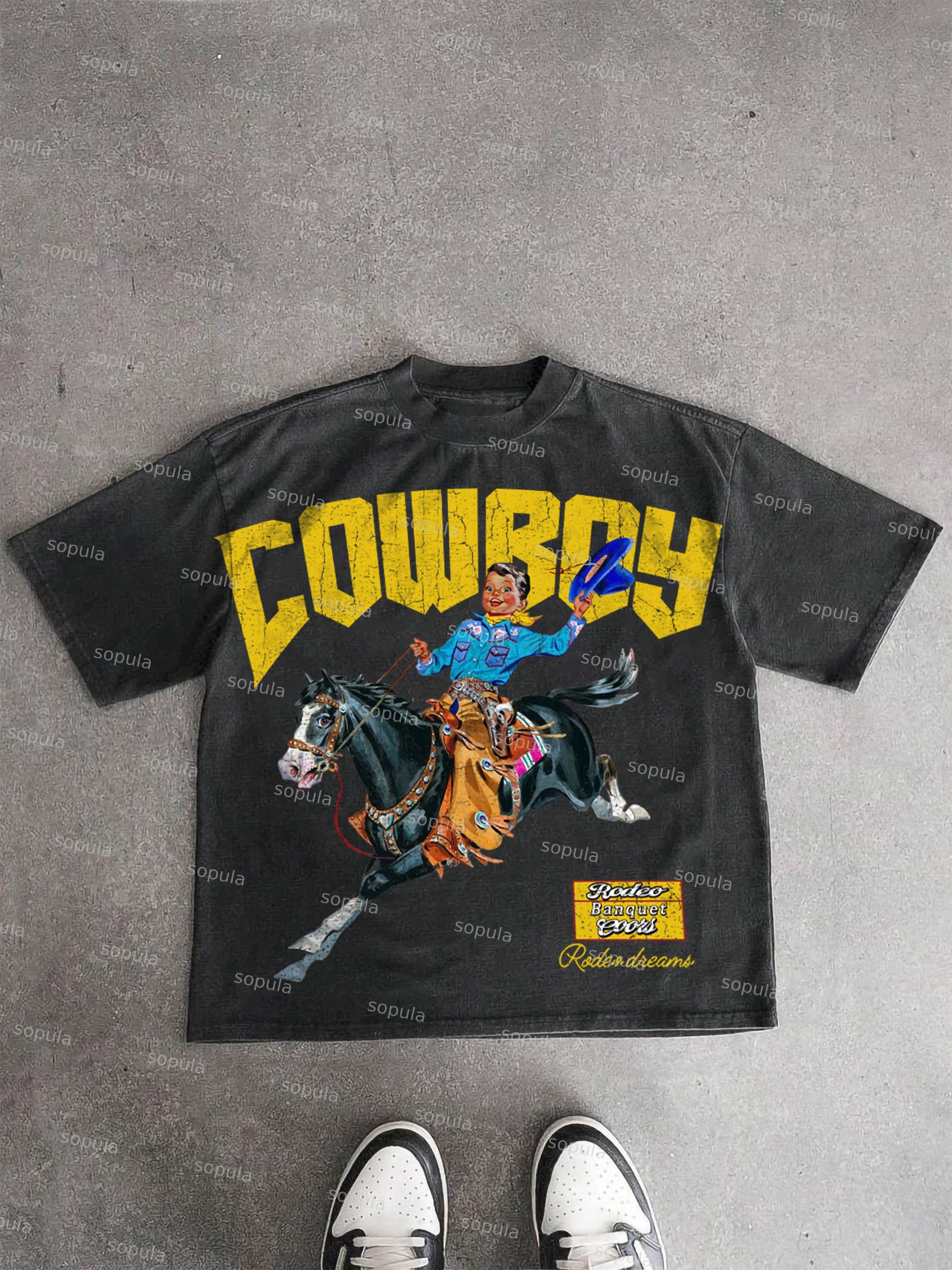 Cowboy Rodeo Dreams Print Acid Wash T-shirt Product Image