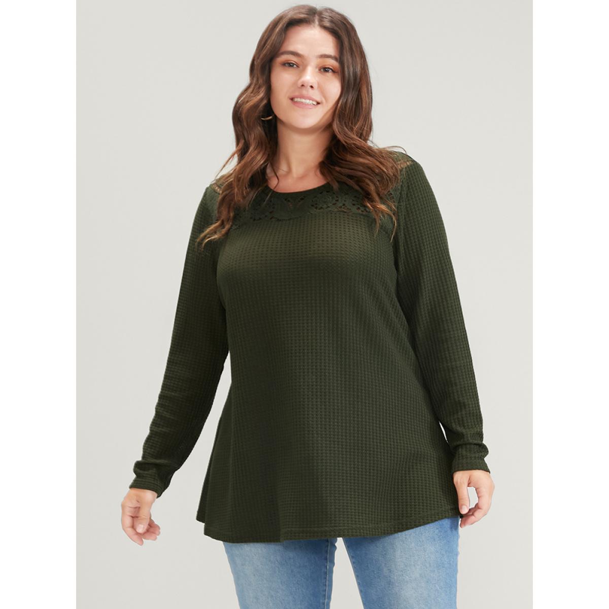 Plus Size Solid Crochet Lace Waffle Knit Sweatshirt Women ArmyGreen Elegant Patchwork Round Neck Dailywear Sweatshirts BloomChic 26/4X Product Image