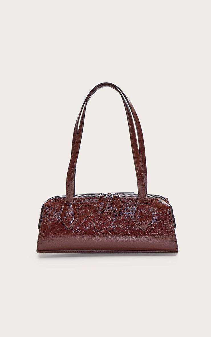Chocolate Textured Faux Leather Bowler Bag Product Image
