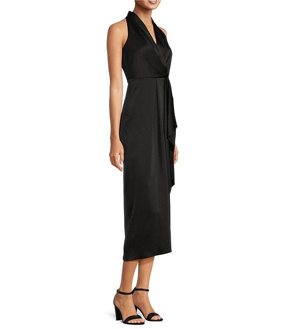 Alex Marie Hazel Surplice V-Neck Sleeveless Satin Asymmetrical Hem Midi Dress Product Image
