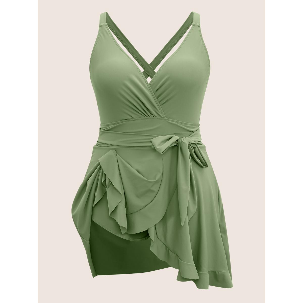 Plus Size Plain Ties Wrap Flutters Swim Dress Women's Swimwear Moss Resort Bodycon Overlap Collar High stretch Curve Swim Dresses BloomChic 10/M Product Image