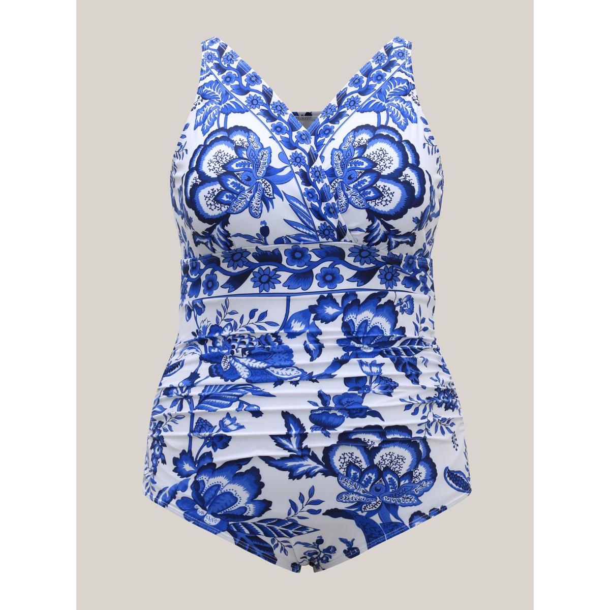 Plus Size Two-Piece Floral Print Ruched Mesh Swimsuit, Sarong Women's Swimwear Indigo Resort Gathered Curve Bathing Suits High stretch One Pieces BloomChic 14-16/1X Product Image