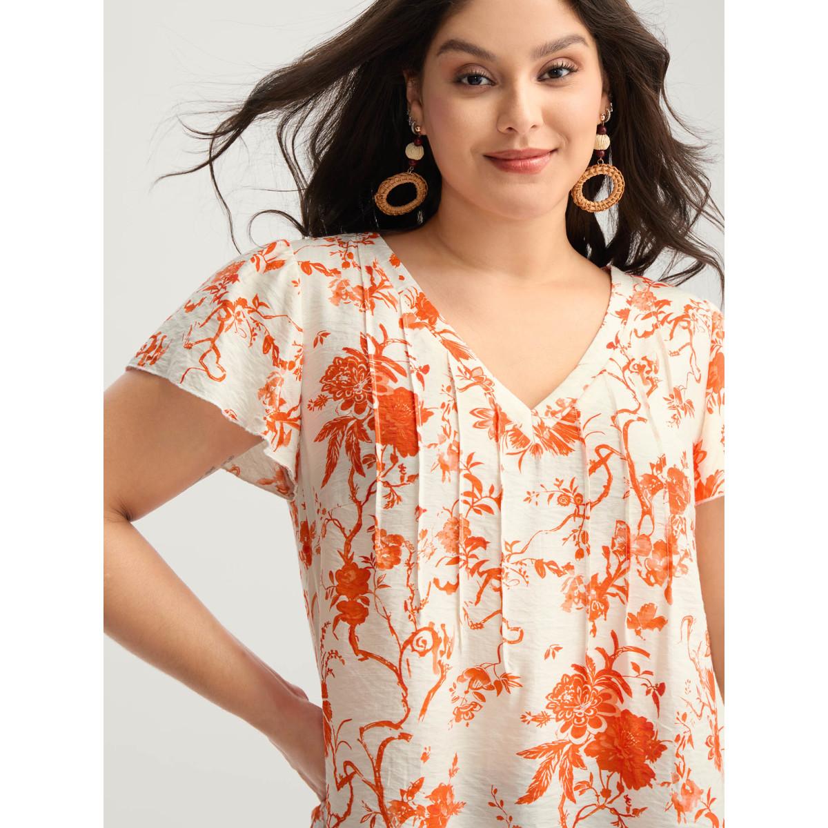 Plus Size Brightorange Floral Print Pleated Front Blouse Women Cap Sleeve V-neck Vacation Blouses BloomChic 26/4X Product Image