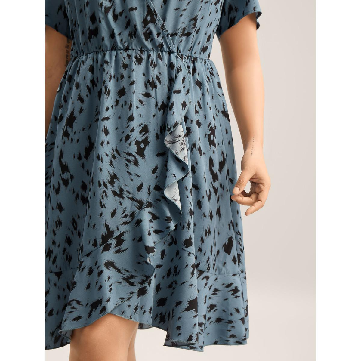 Plus Size Leopard Print Faux Wrap Ruffled Midi Dress Skyblue Women Overlap Collar Short sleeve Curvy BloomChic 26/4X Product Image