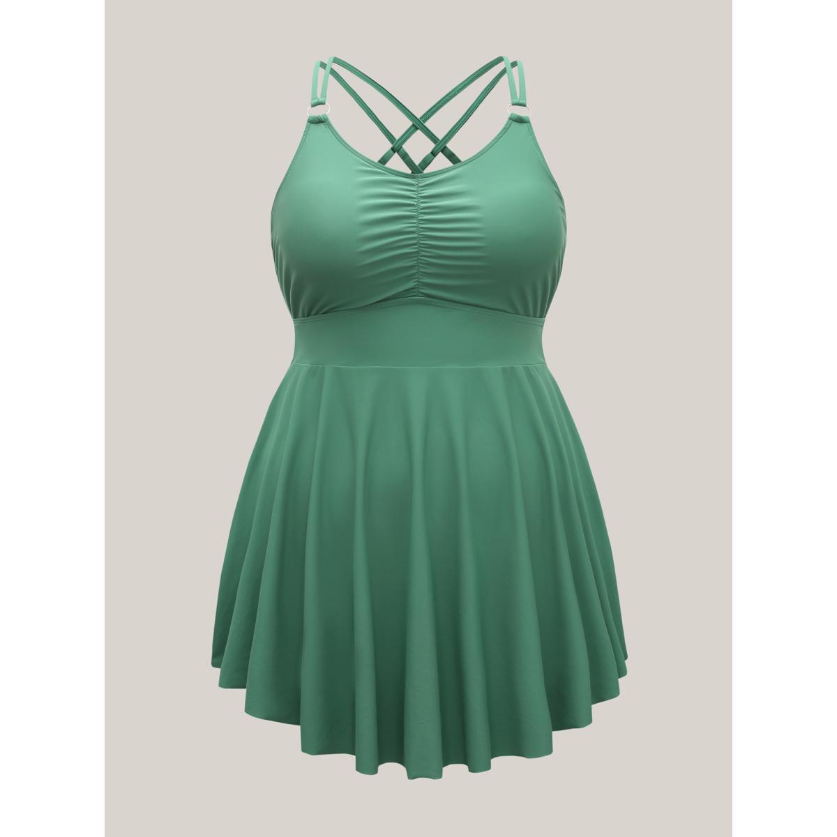 Plus Size Anti Float Tie Metal Detail Swim Dress Women's Swimwear Greenbean Beach Bodycon U-neck High stretch Curve Swim Dresses BloomChic 12/L Product Image