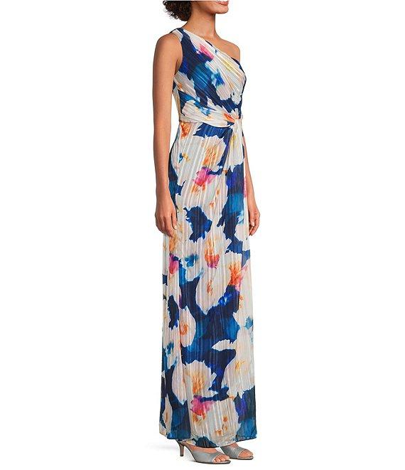 Adrianna Papell Floral Metallic Satin One Shoulder Sleeveless Twist Waist Gown Product Image