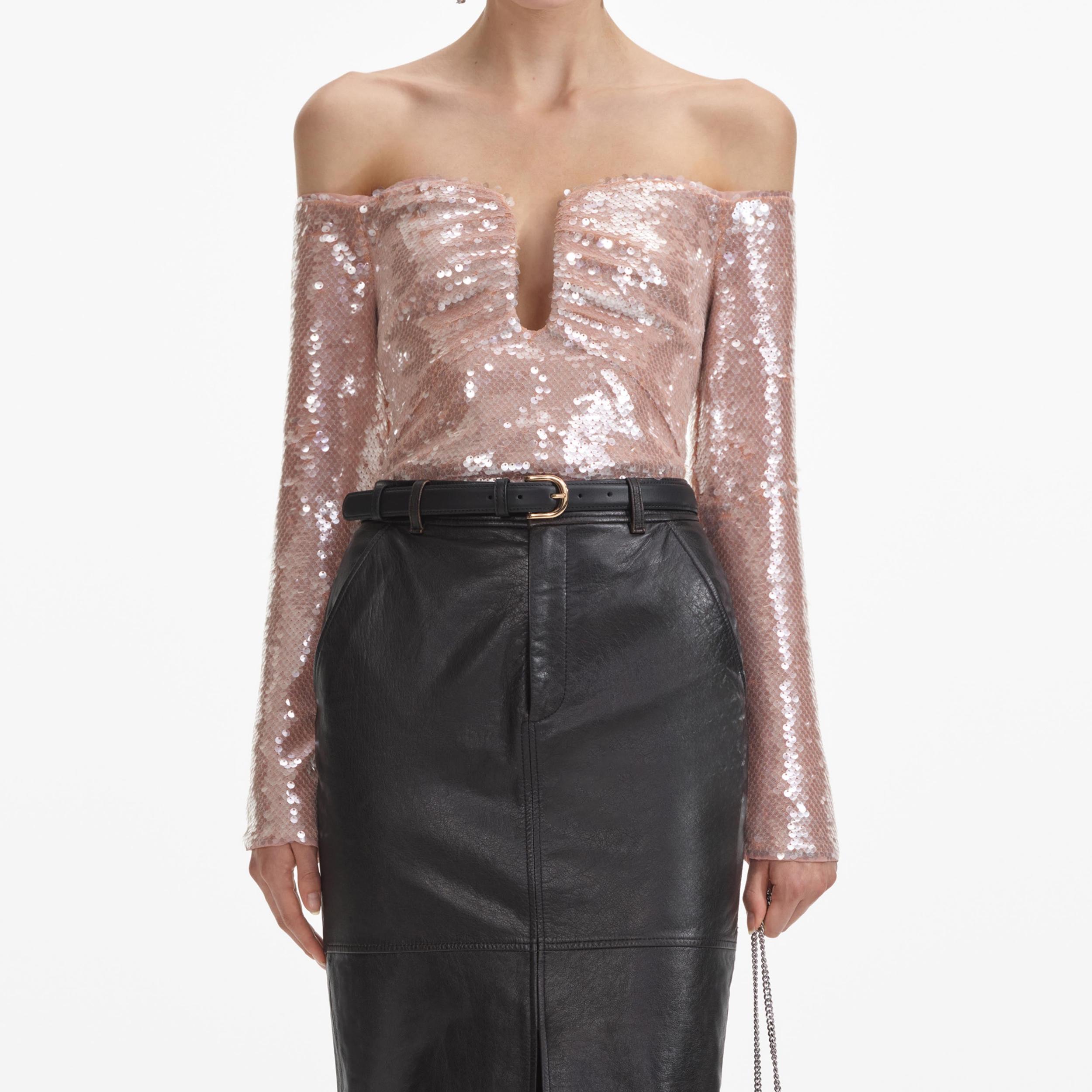 Black Leather Midi Skirt Product Image