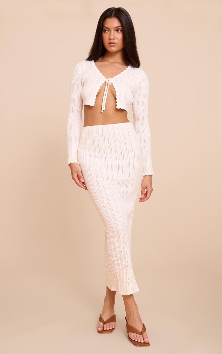 Cream Textured Crochet Knit Tie Front Top Product Image