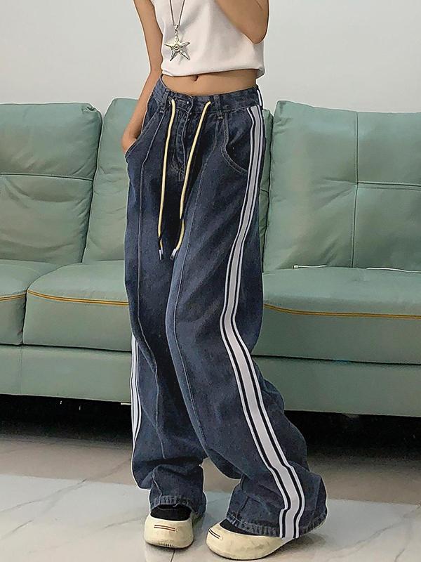 Washed Splice Piping Detail Drawstring Boyfriend Jeans Product Image