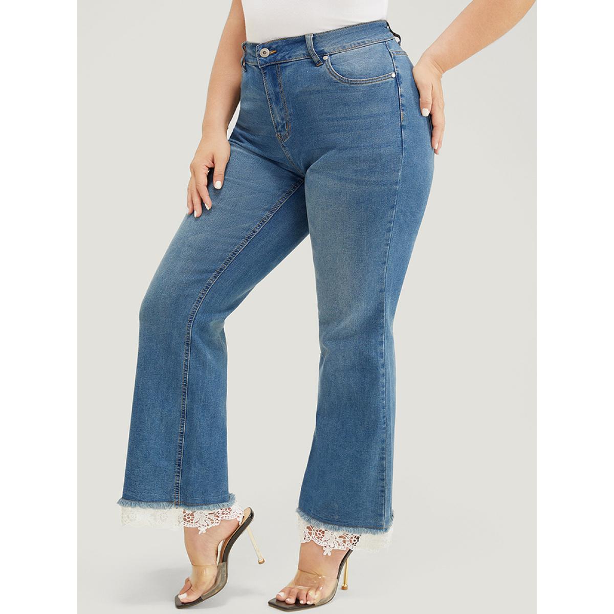 Plus Size Slightly Stretchy High Rise Dark Wash Lace Hem Jeans Women Stone Casual Plain Pocket Low stretch Pocket Jeans BloomChic 28/5X Product Image