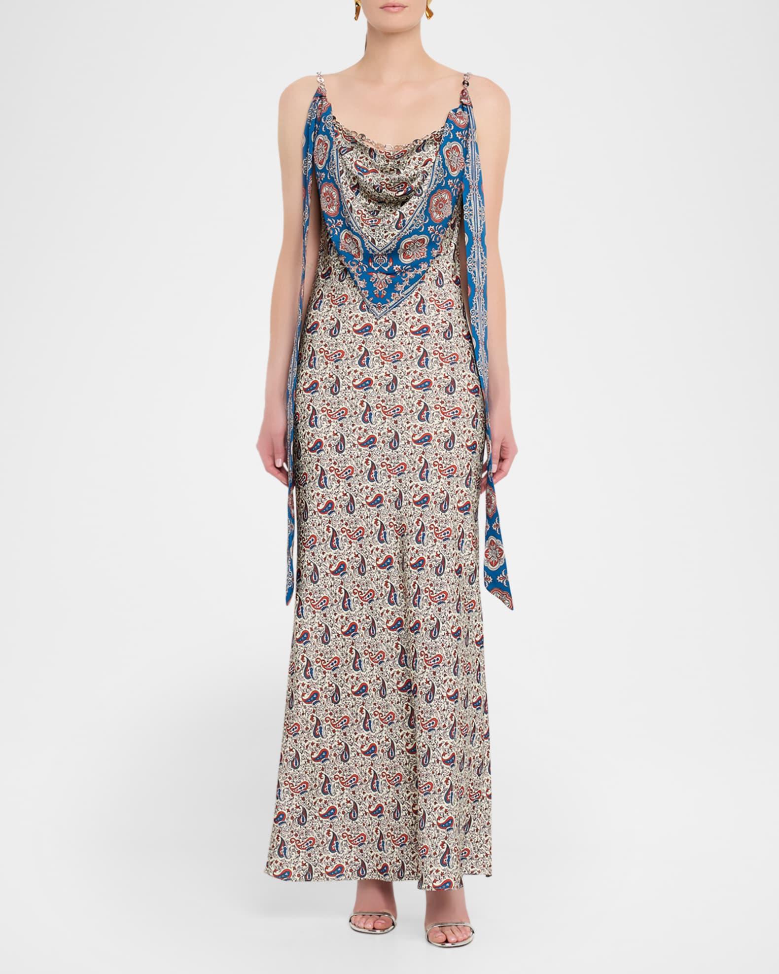 Paisley Scarf Cowl-Neck Satin Chain Maxi Dress Product Image