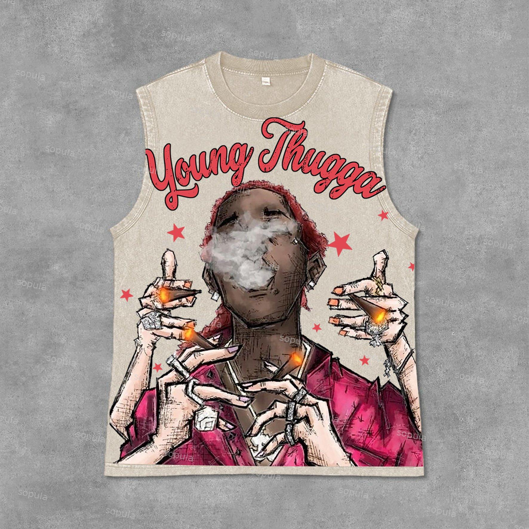 Young Thugga-Luh Lattt Graphics Print Acid Washed Sleeveless Tank Top Product Image