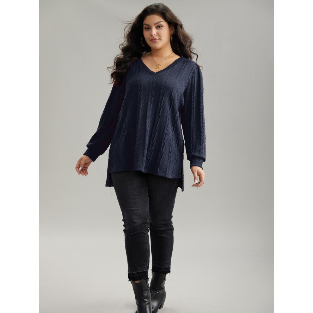 Plus Size Plain Cable Knit Elastic Cuffs Sweatshirt Women Indigo Casual Texture V-neck Dailywear Sweatshirts BloomChic 12/L Product Image