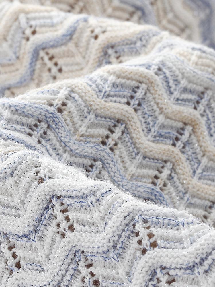 Cotton Blue And White Gradient Stripe Women Cardigan Product Image