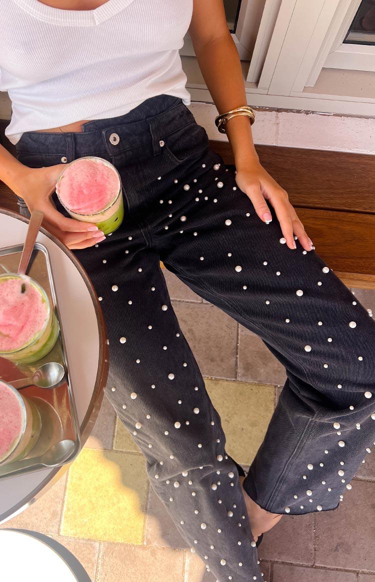 Denim Dazzle Pearl Black High Waisted Jeans Girls Product Image