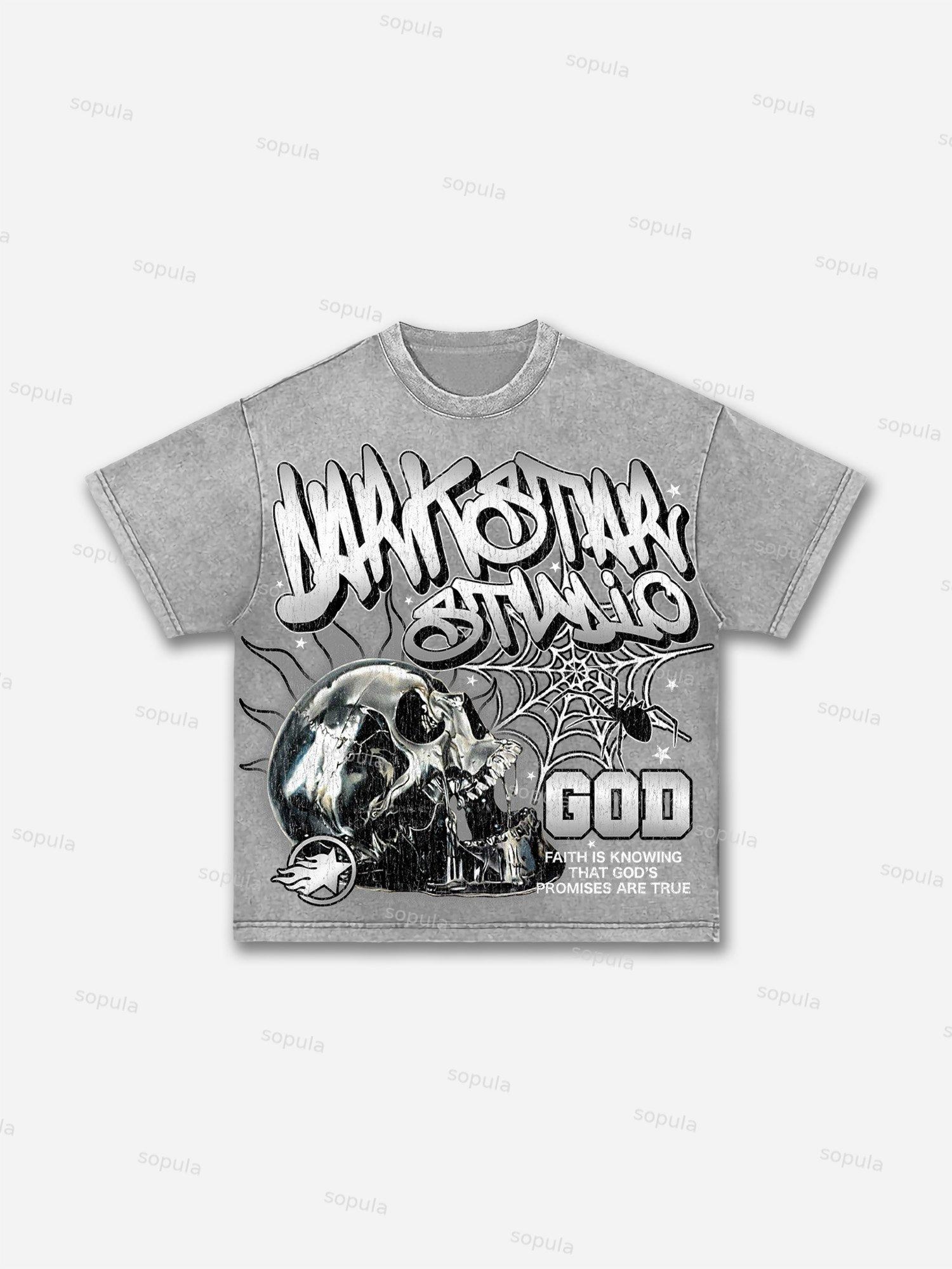 Darkstar-god's Skull Print Pattern Acid Wash T-shirt Product Image