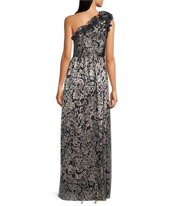 Adrianna Papell Metallic Ruffle Neck One Shoulder Printed Crinkle Gown Product Image