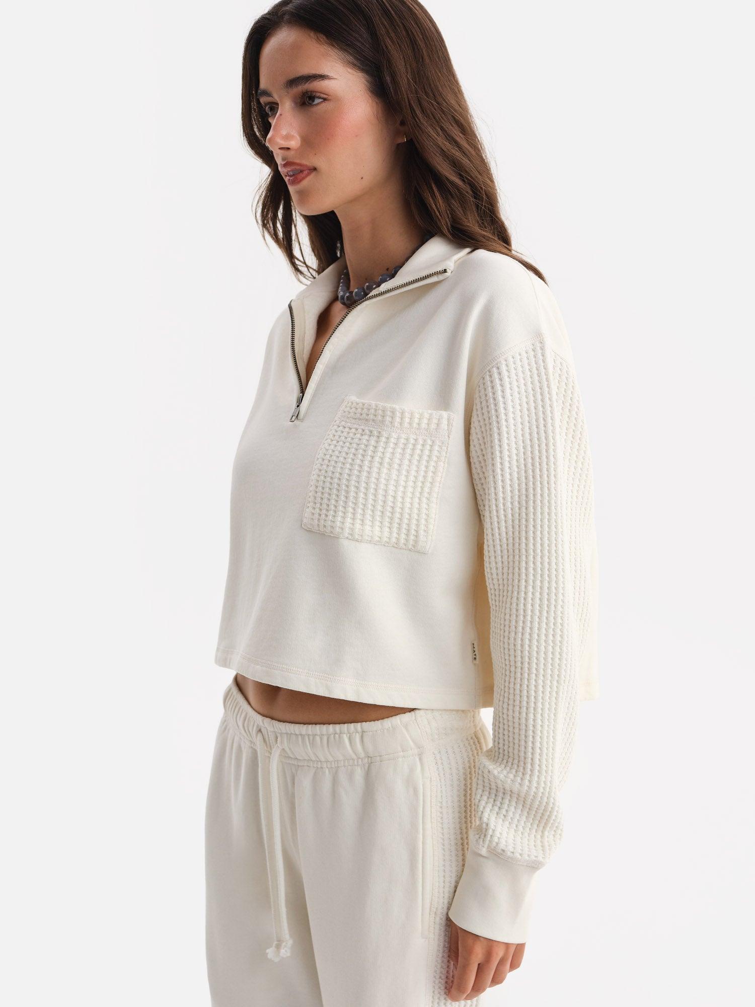 Organic Fleece and Waffle Cropped Half-Zip Sweatshirt Female Product Image