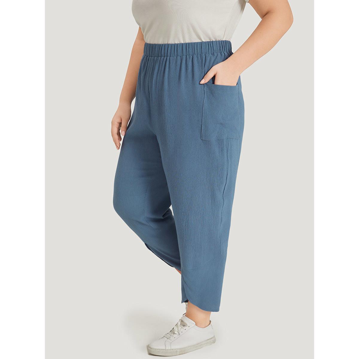 Plus Size Solid Pocket Elastic Waist Wrap Hem Pants Women Stone Casual High Rise Dailywear Pants BloomChic 30/6X Product Image