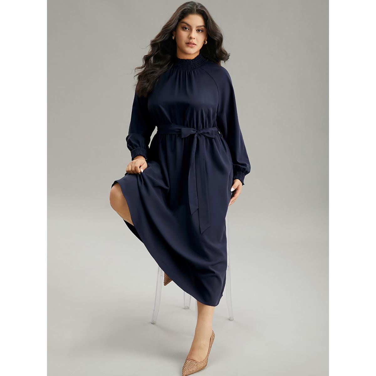 Plus Size Anti-Wrinkle Plain Shirred Mock Neck Belted Dress DarkBlue Women Elegant Elastic cuffs Mock Neck Long Sleeve Curvy Midi Dress BloomChic 30/6X Product Image