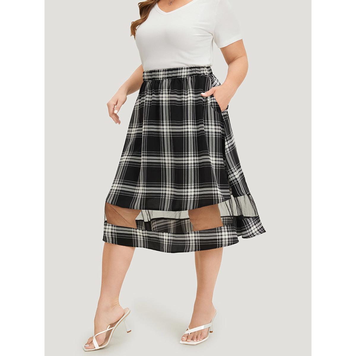 Plus Size Tartan Pocket Mesh Patchwork Elastic Waist Skirt Women Black Office See through No stretch Pocket Work Skirts BloomChic 10/M Product Image