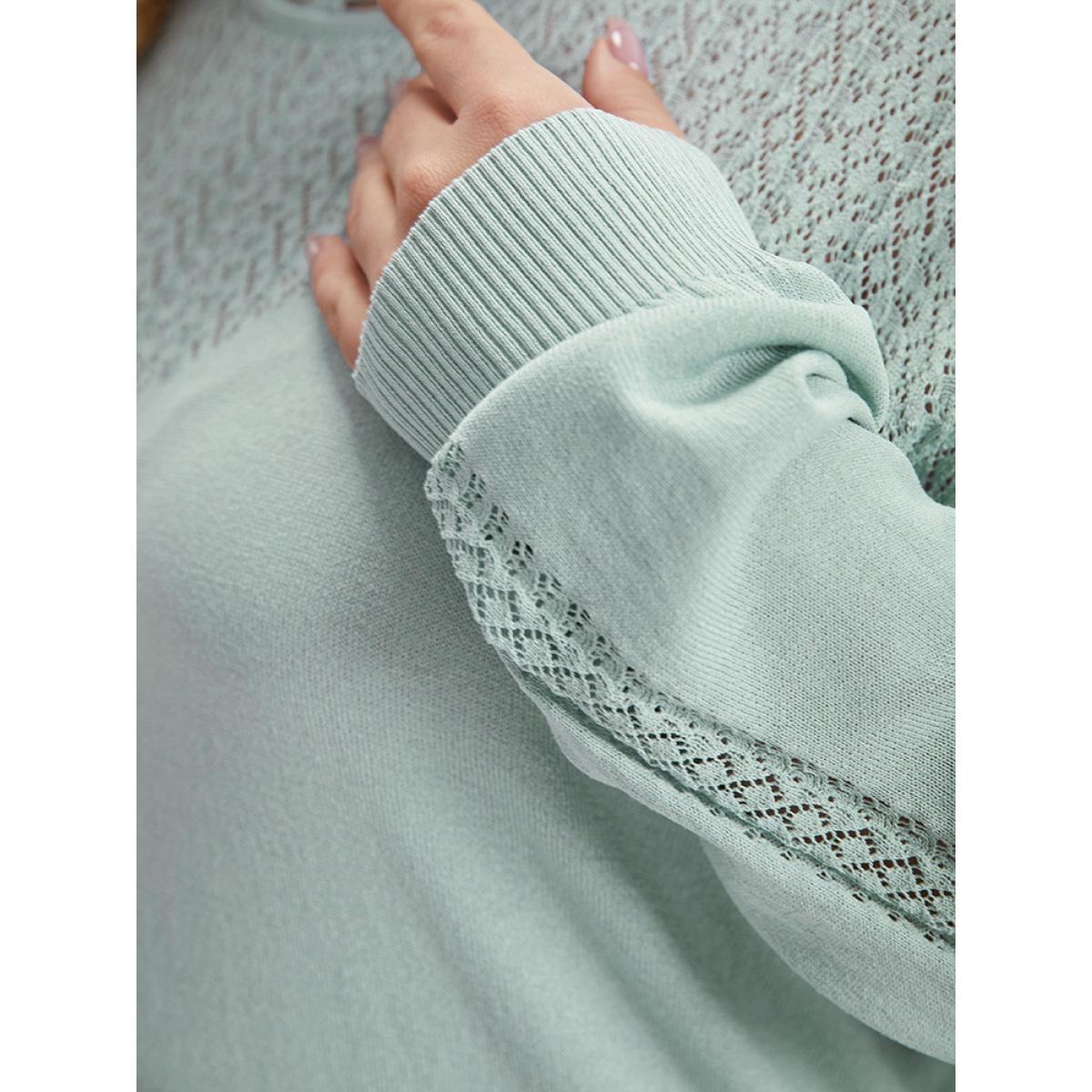 Plus Size Plain Eyelet Patchwork Drop Shoulder Pullover LightBlue Women Casual Loose Long Sleeve Round Neck Dailywear Pullovers BloomChic 26/4X Product Image