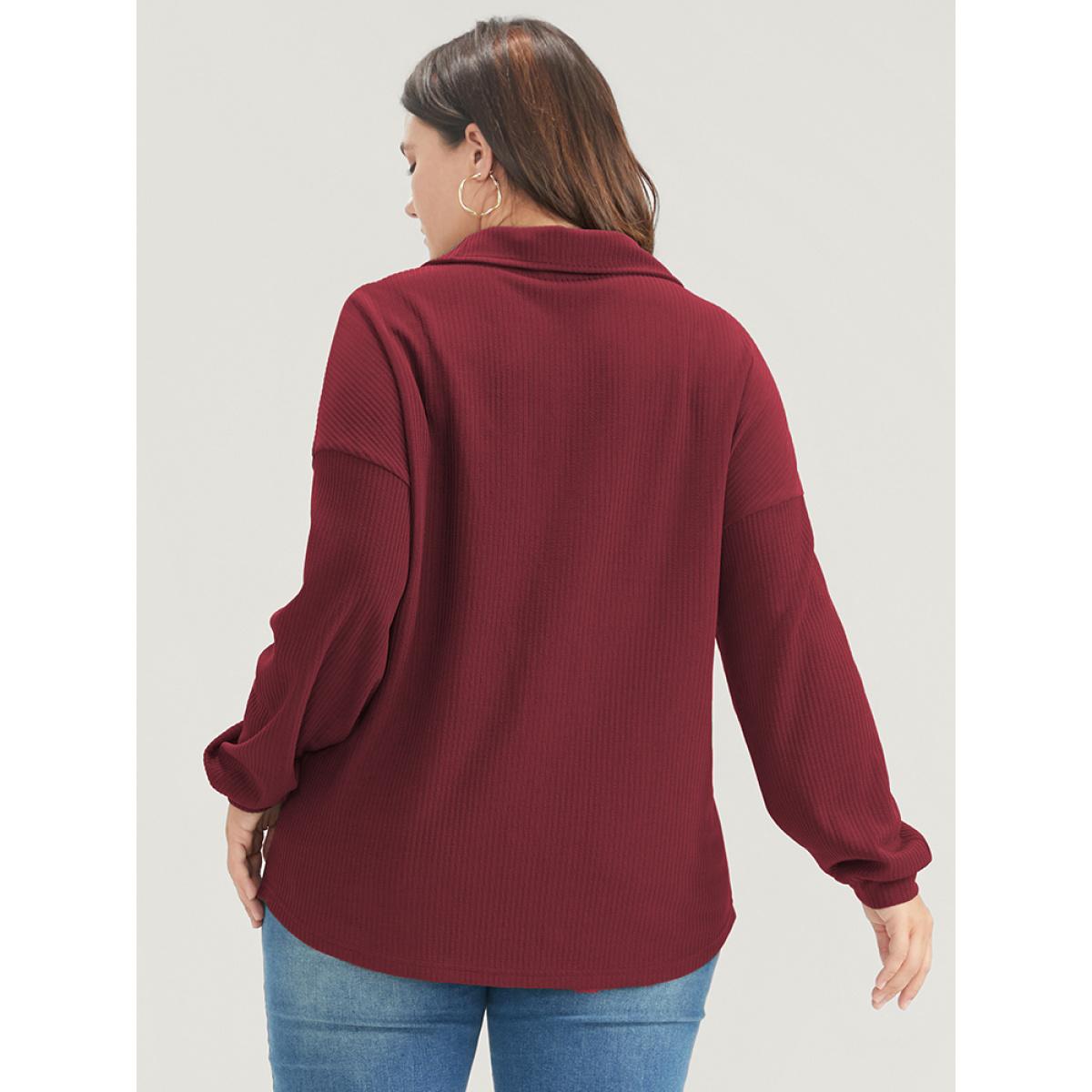 Plus Size Solid Half Button Drop Shoulder Rib Knit Sweatshirt Women Burgundy Casual Button Lapel Collar Dailywear Sweatshirts BloomChic 10/M Product Image
