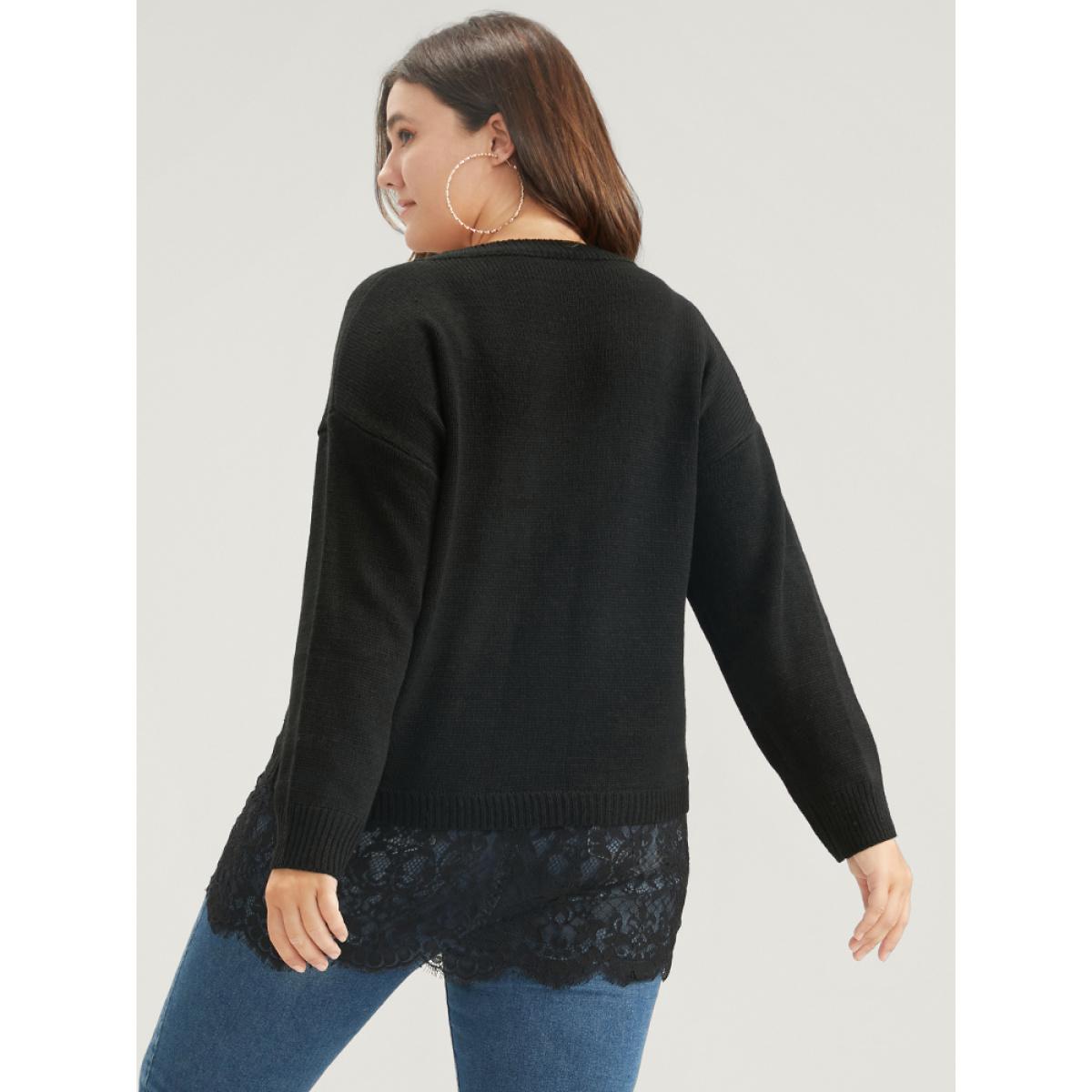 Plus Size Solid Pointelle Knit V Neck Lace Hem Knit Top Black Women Casual Long Sleeve V-neck Dailywear Pullovers BloomChic 14-16/1X Product Image