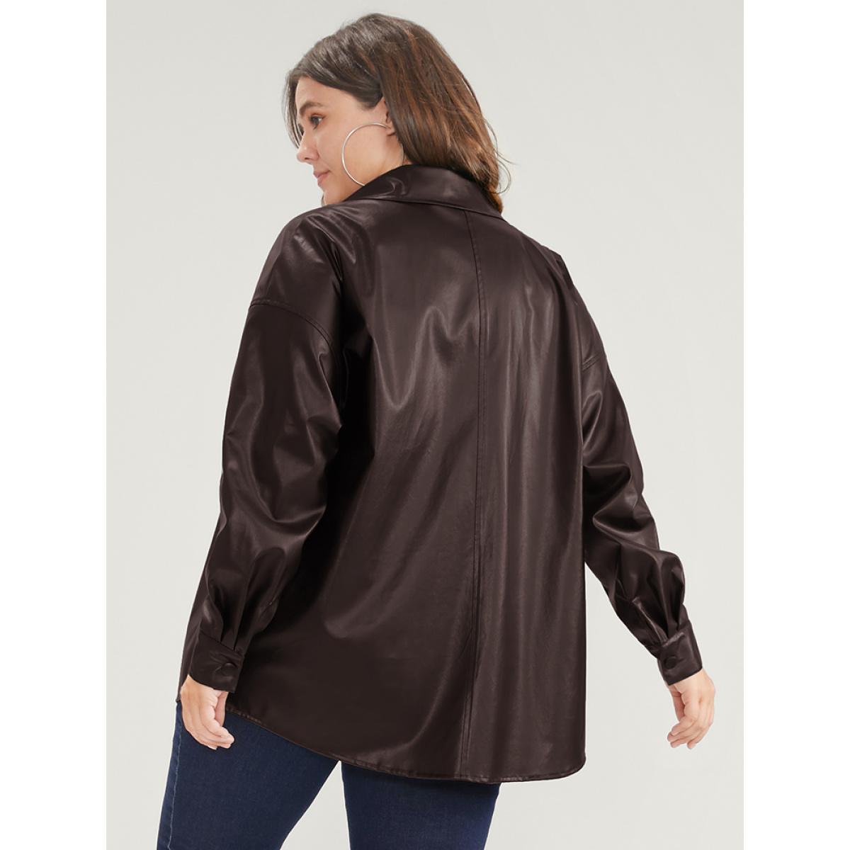 Plus Size PU Leather Pocket Button Up Coat Women DarkBrown Casual Button Ladies Dailywear Winter Coats BloomChic 14-16/1X Product Image