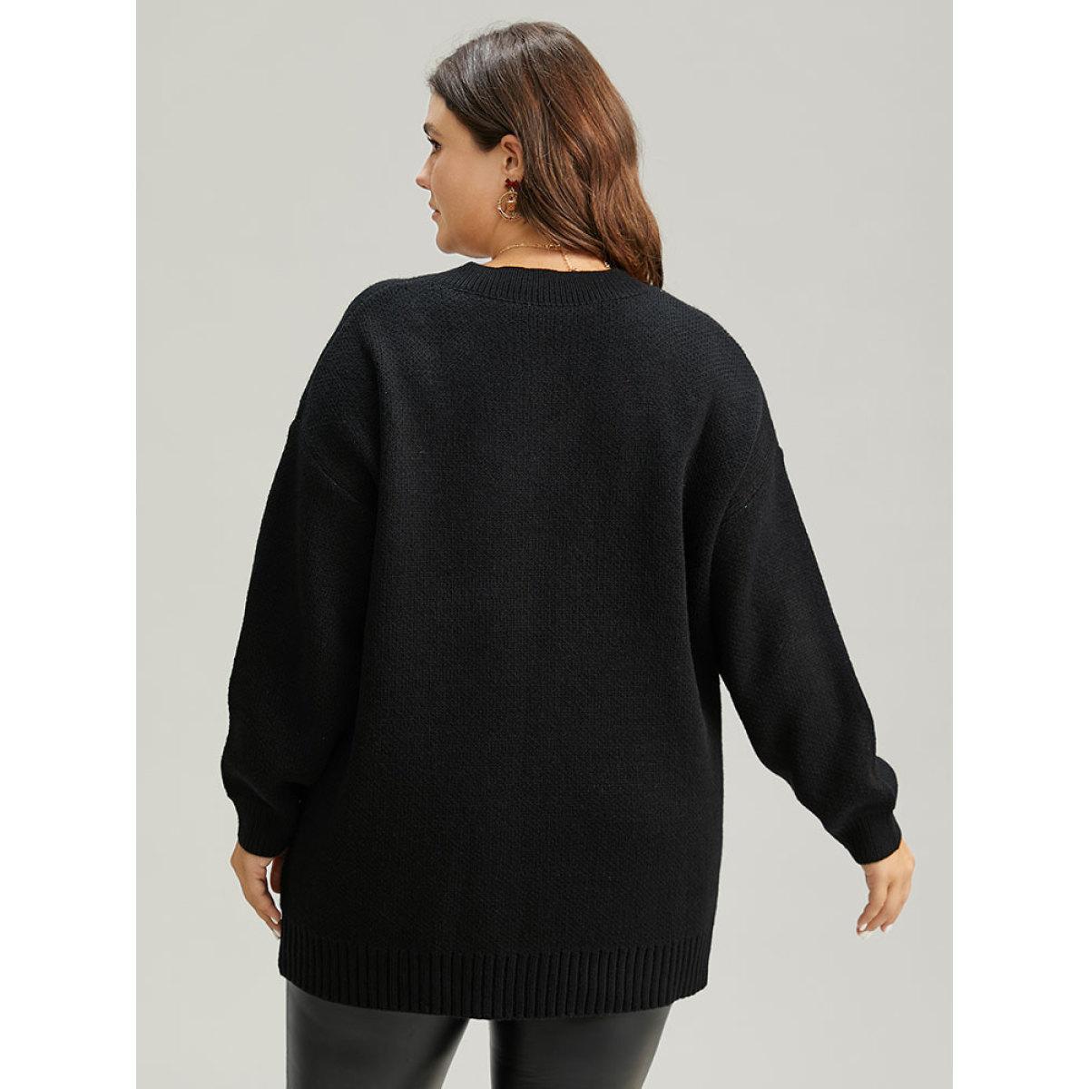 Plus Size V Neck Plain Star Luxe Pullover Black Women Casual Loose Long Sleeve V-neck Dailywear Pullovers BloomChic 12/L Product Image