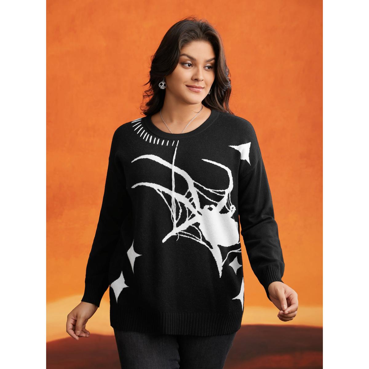 Plus Size Supersoft Essentials Spider Printed Jacquard Pullover Black Women Casual Loose Long Sleeve Round Neck Everyday Pullovers BloomChic 22-24/3X Product Image