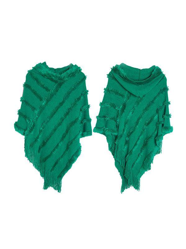 Hooded Keep Warm Solid Color Tasseled Cape Shawl&Cloak Product Image